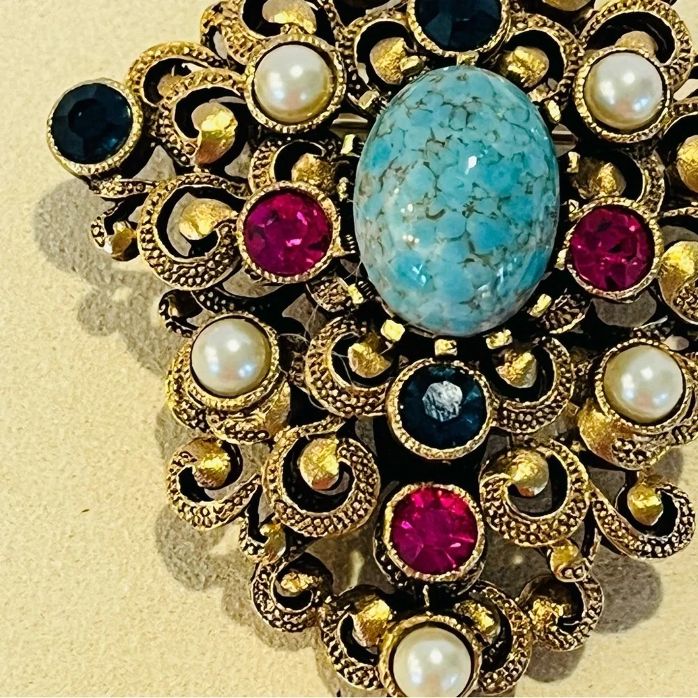 Vintage Gold Tone and Turquoise Brooch with Pearl Drop